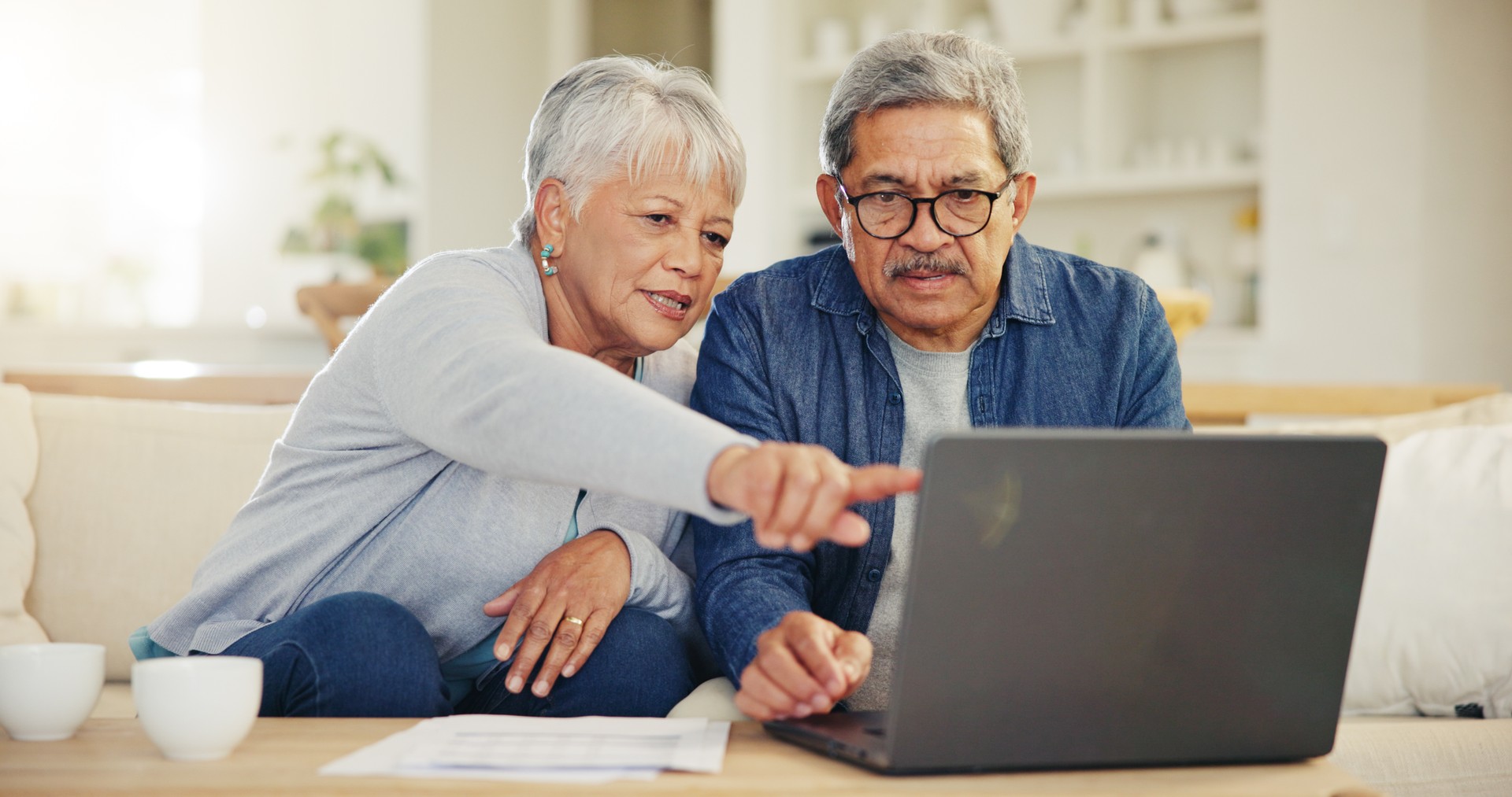 Senior, couple and planning on laptop in living room with document for finances, investment or retirement. Elderly man, woman and pointing by technology for online banking, account balance or savings