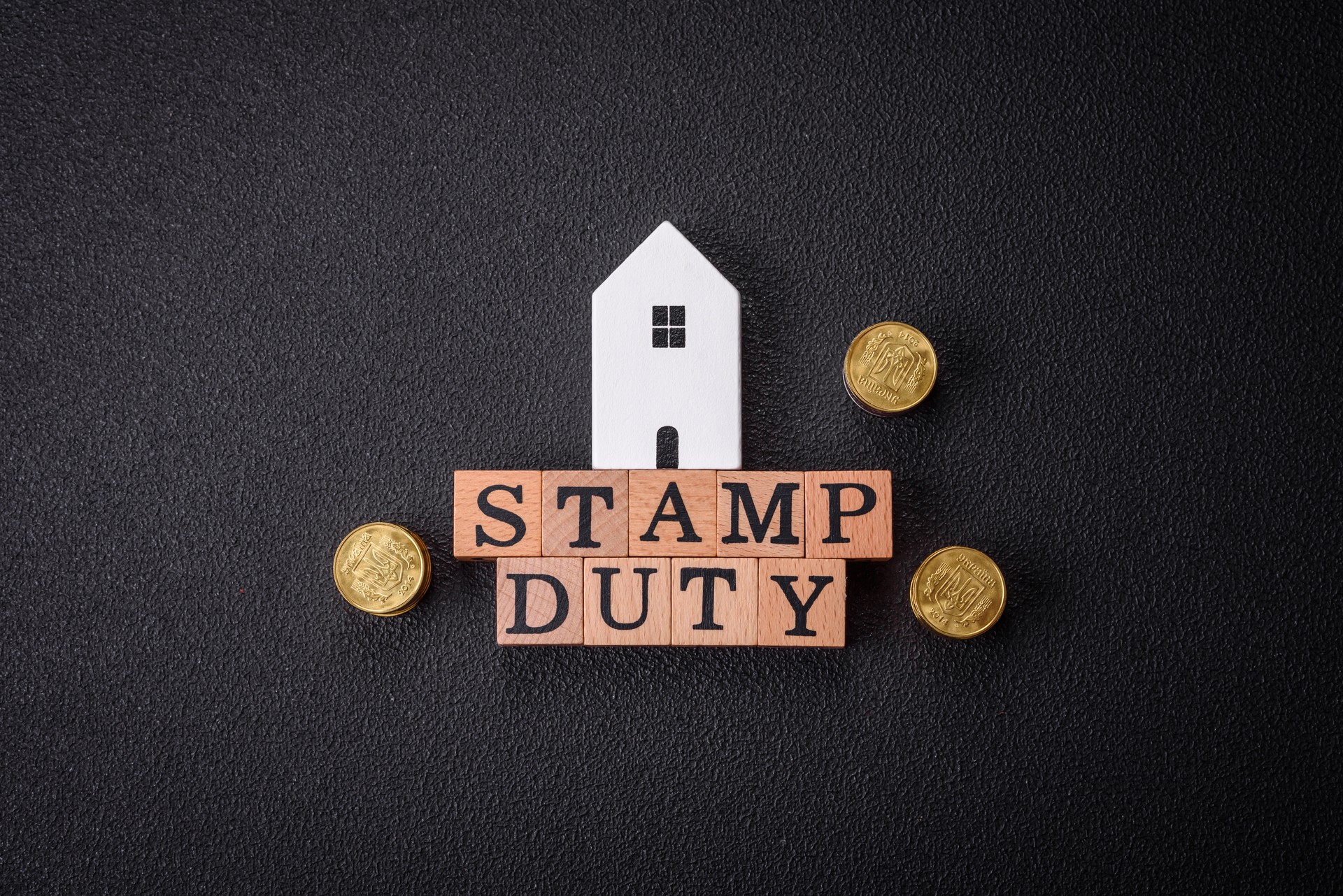 The inscription Stamp Duty made of wooden cubes on a plain background